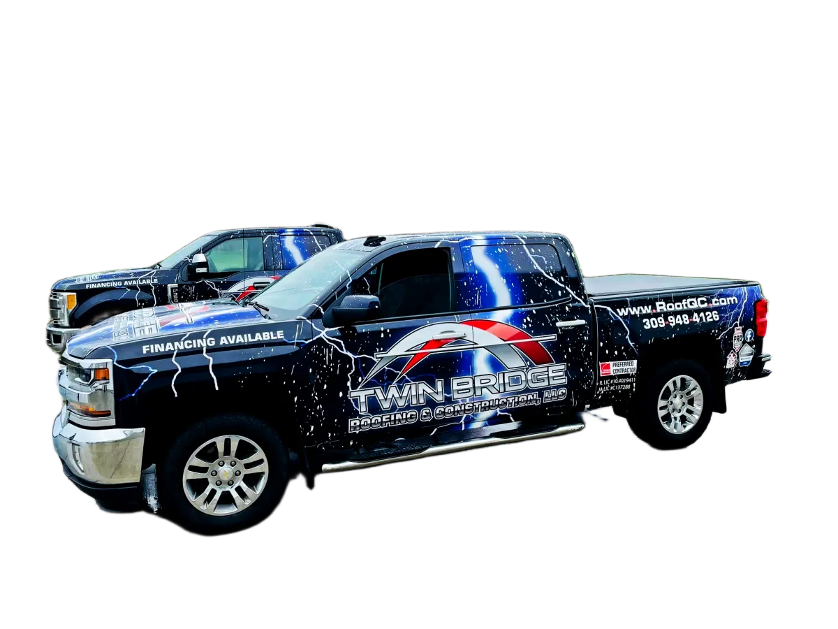 Twin Bridge Roofing & Construction branded pickup truck used by roofing and exterior crews across Illinois and Iowa