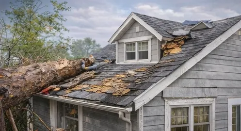 Storm-damaged roof requiring professional repair and insurance documentation
