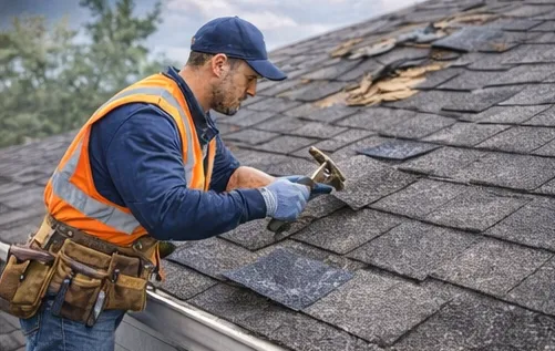 Experienced roofing contractor repairing asphalt shingles on a residential roof in the Quad Cities