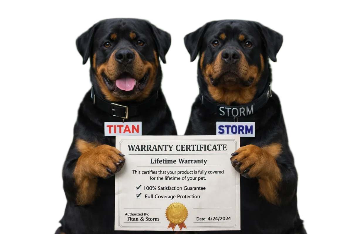 Twin Bridge Roofing & Construction warranty image showing Storm and Titan holding a lifetime roofing warranty certificate in front of a residential home