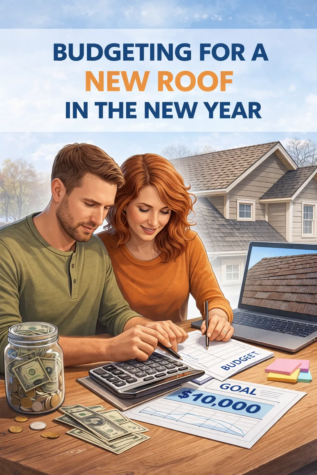 Homeowners planning a roof replacement project together