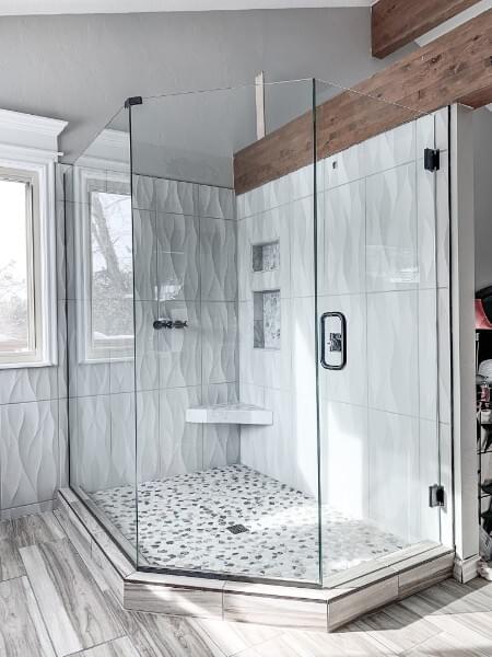 Frameless Neo Angle shower glass enclosure with 8" D Pull Handle
