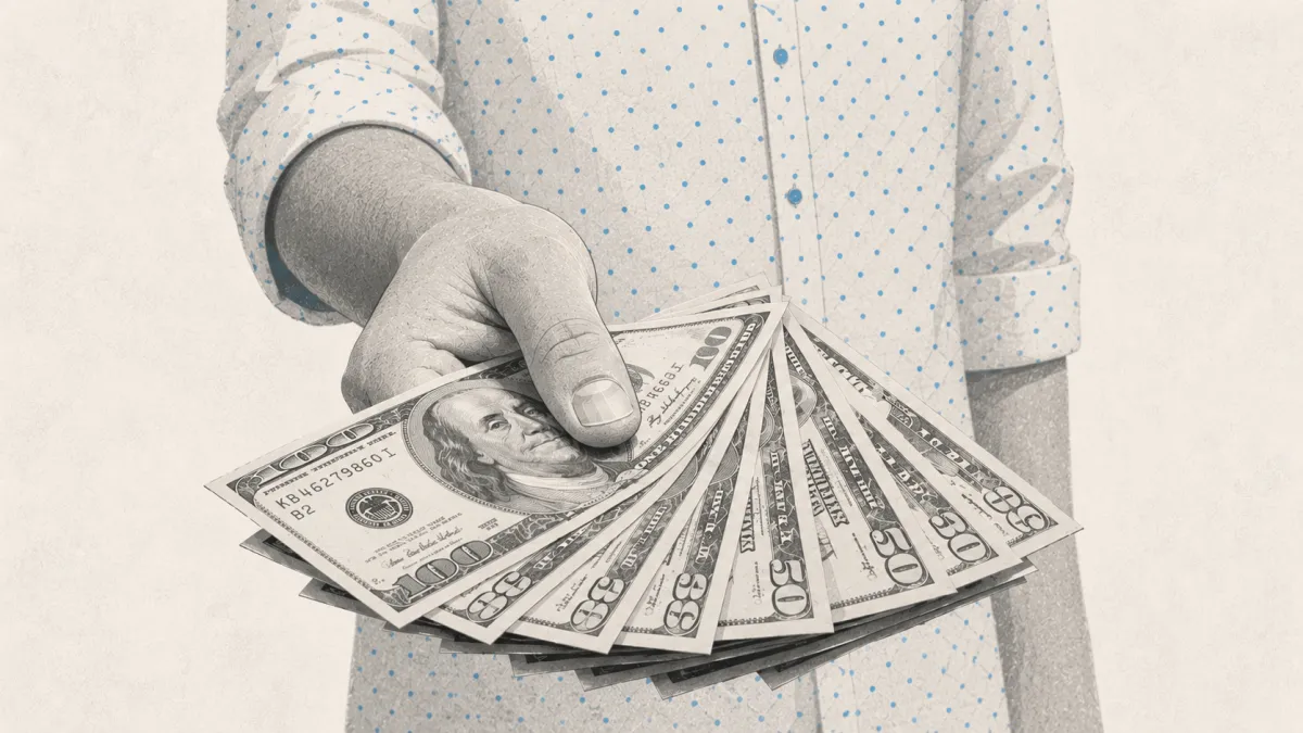 Editorial illustration of an outstretched hand offering cash, representing hidden savings opportunities and finding extra money through smarter financial habits.