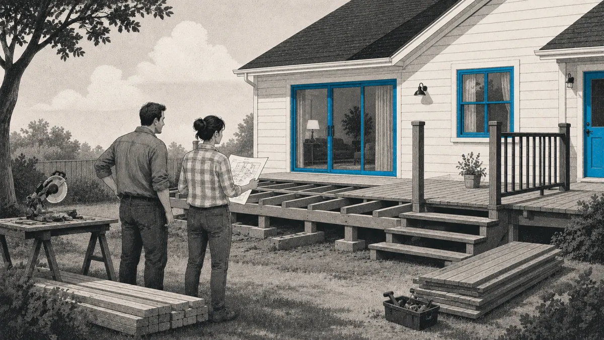 Editorial illustration of homeowners planning a backyard deck renovation, with construction materials, tools, and a partially built deck beside their home.