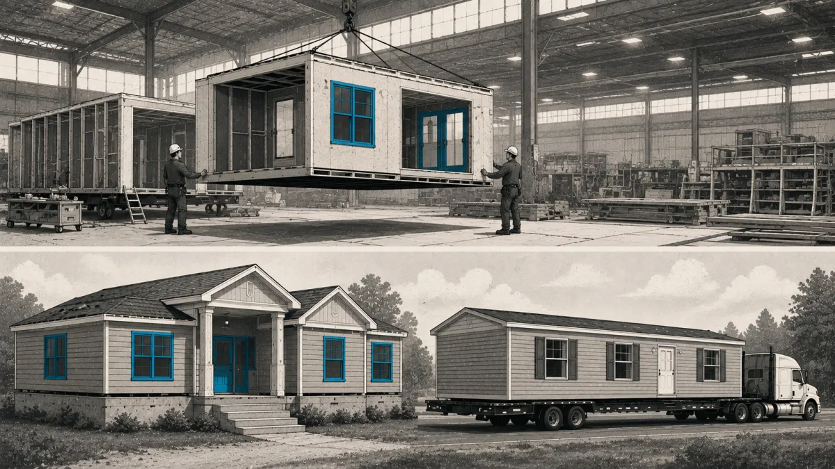 Editorial illustration comparing modular and manufactured homes, showing modular home sections assembled in a factory above and a finished modular home beside a manufactured home being transported on a trailer below.