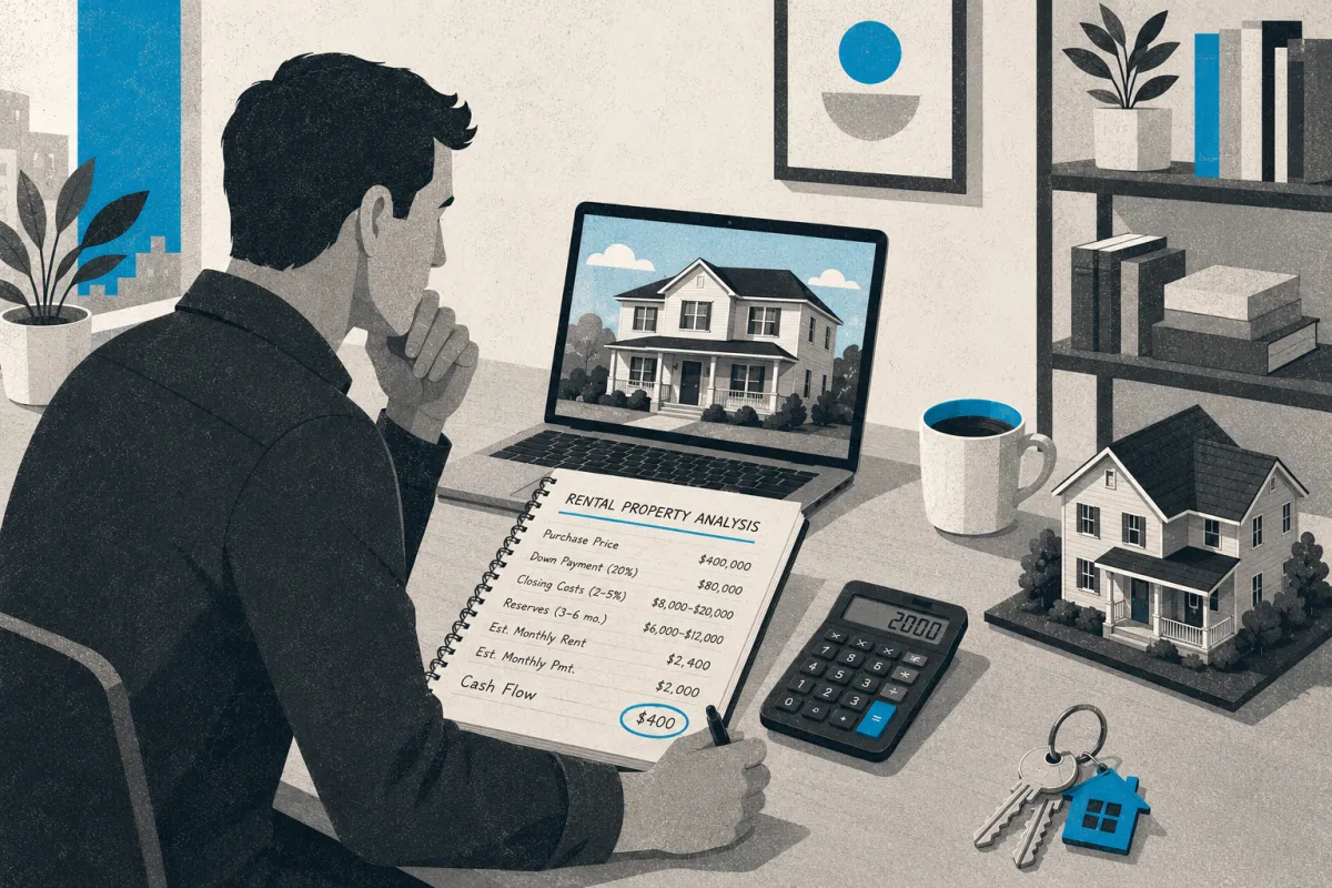Illustration of a real estate investor analyzing a rental property at a desk, reviewing property figures alongside a laptop, calculator, house model, coffee, and keys, with cyan accents throughout the grayscale scene.