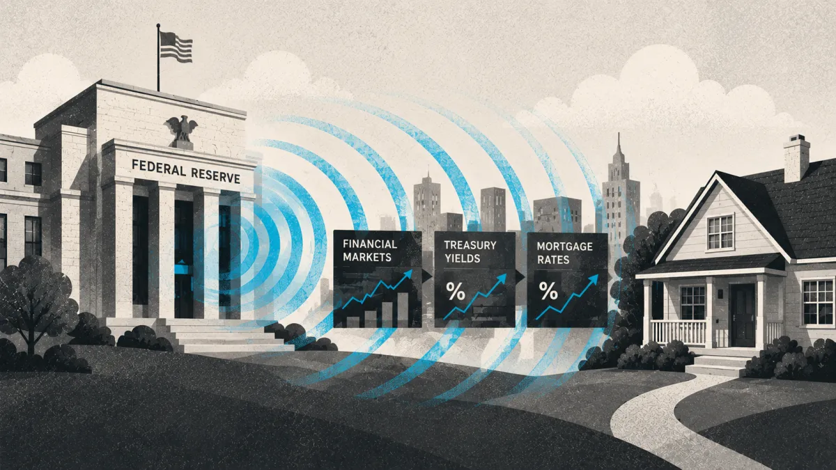 Editorial illustration showing the Federal Reserve influencing mortgage rates, with ripple effects moving from the Federal Reserve building through financial markets and Treasury yields to mortgage rates and a home.