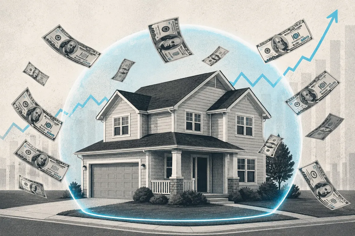 Editorial illustration of a home protected by a translucent cyan dome, with floating dollar bills and rising financial charts surrounding it, representing ways homeowners can protect their finances and home equity during inflation.