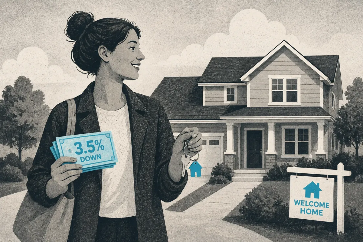 Editorial illustration of a first-time homebuyer standing outside a suburban home, holding a small stack of cash and a set of keys, representing the 3.5% down payment option available with FHA financing.