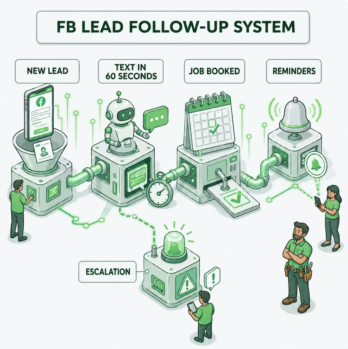 bermhio Facebook lead follow-up system flow: new lead, text back in 60 seconds, job booked, reminders, escalation