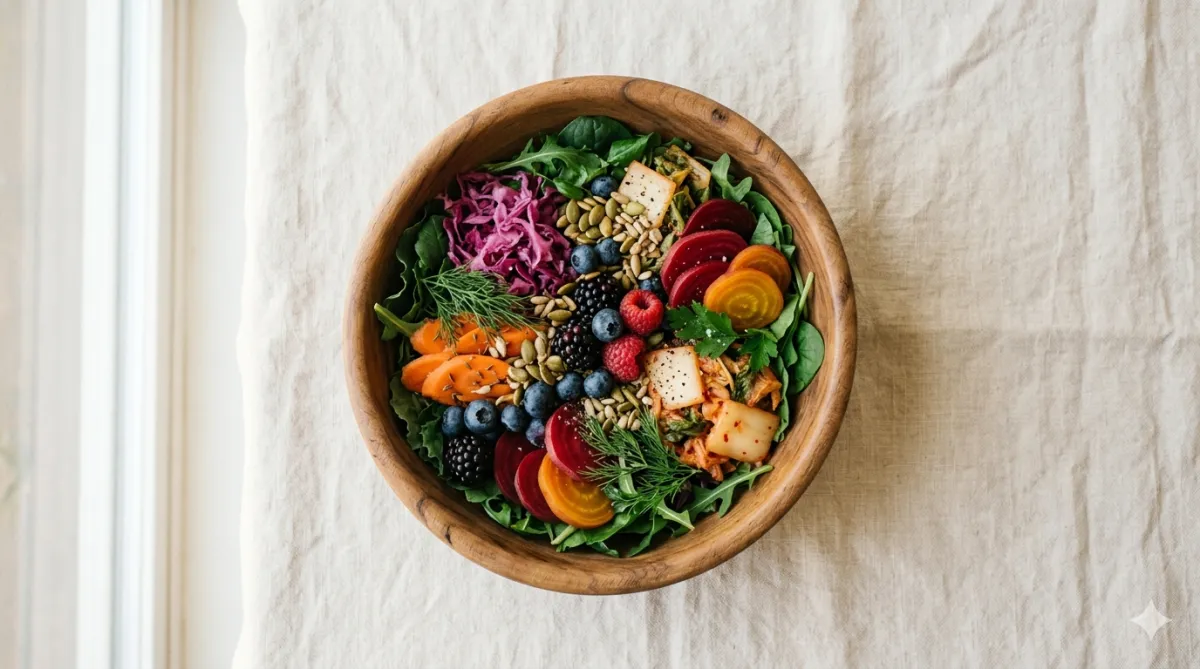 Whole foods plated on linen showing the link between gut health and back pain