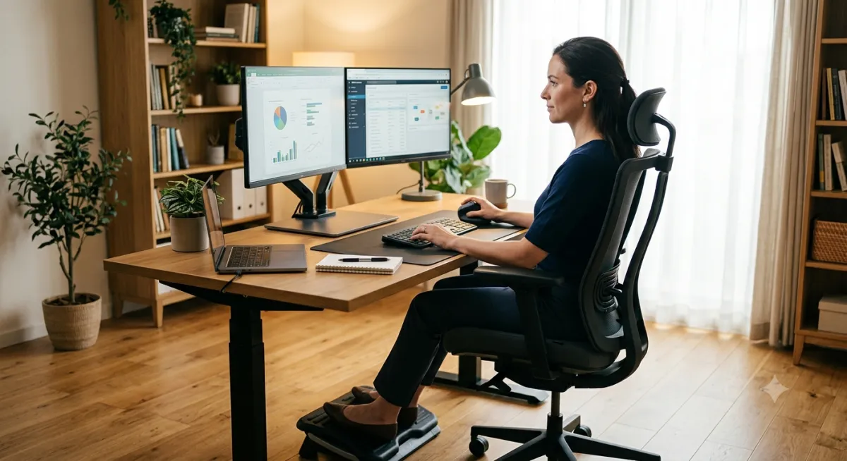 A woman working from home sitting with straight, healthy posture in an ergonomic chair, using dual monitors on an adjustable wooden desk with a footrest.