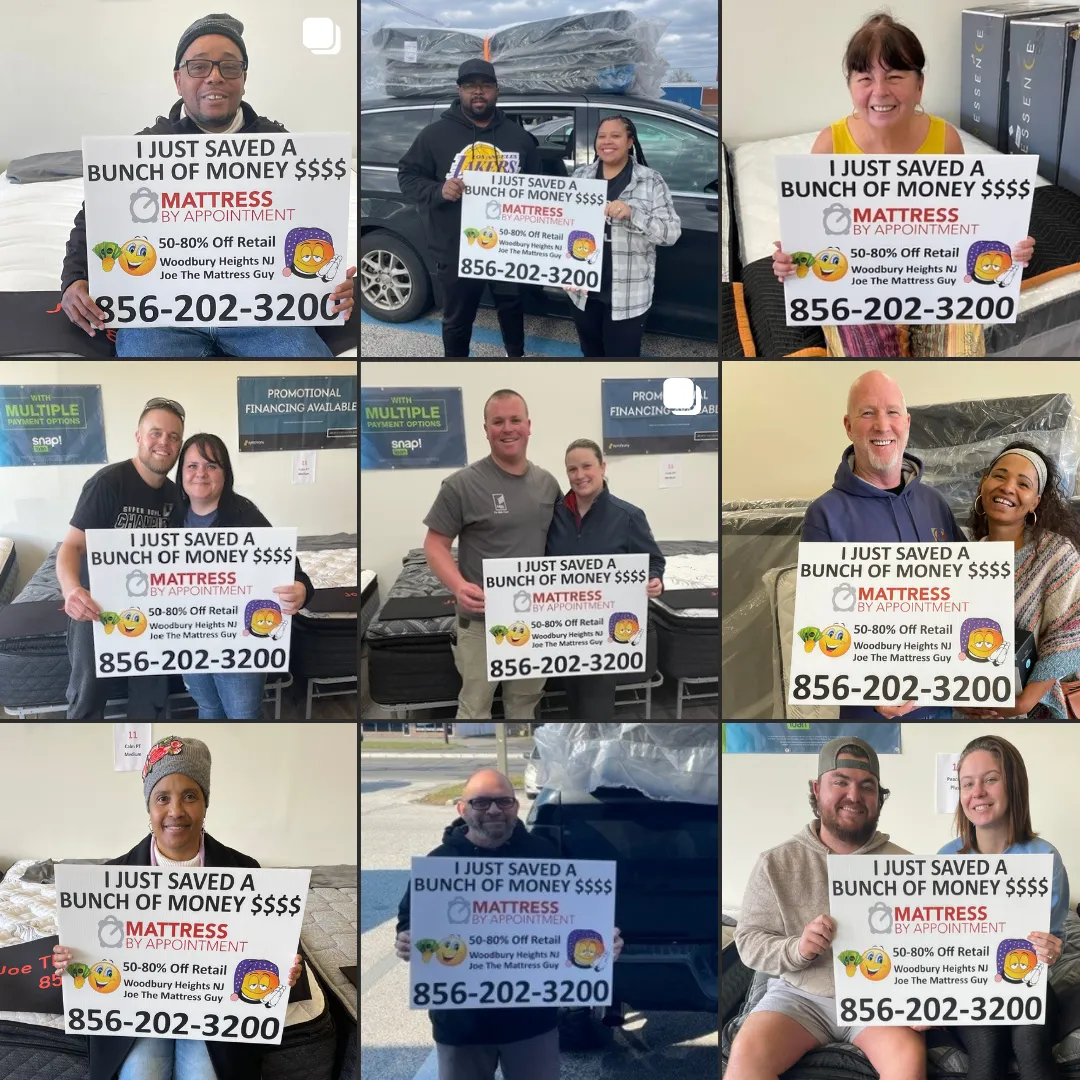 a collage of nine happy customer photos holding a mattress by appointment sign and giving a thumbs up