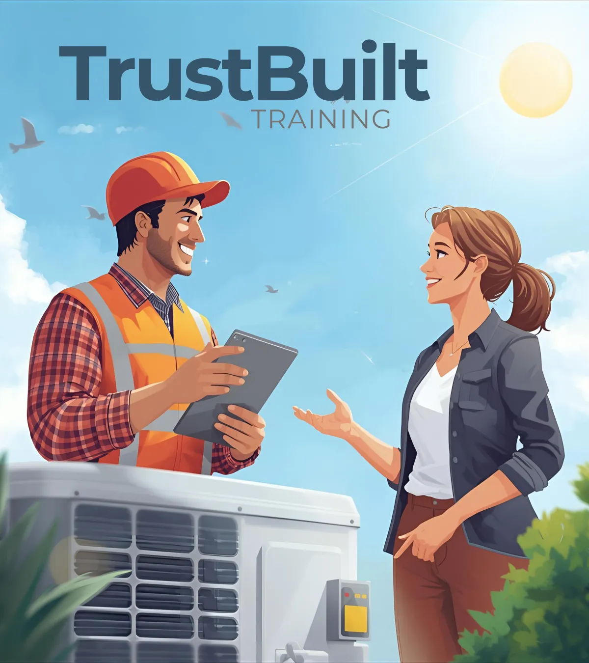 A diverse group of HVAC technicians in branded uniforms attentively participating in a modern training session, with a confident instructor leading a communication exercise in a bright, professional classroom setting. The group includes both men and women, representing various ages and backgrounds, all focused and engaged.