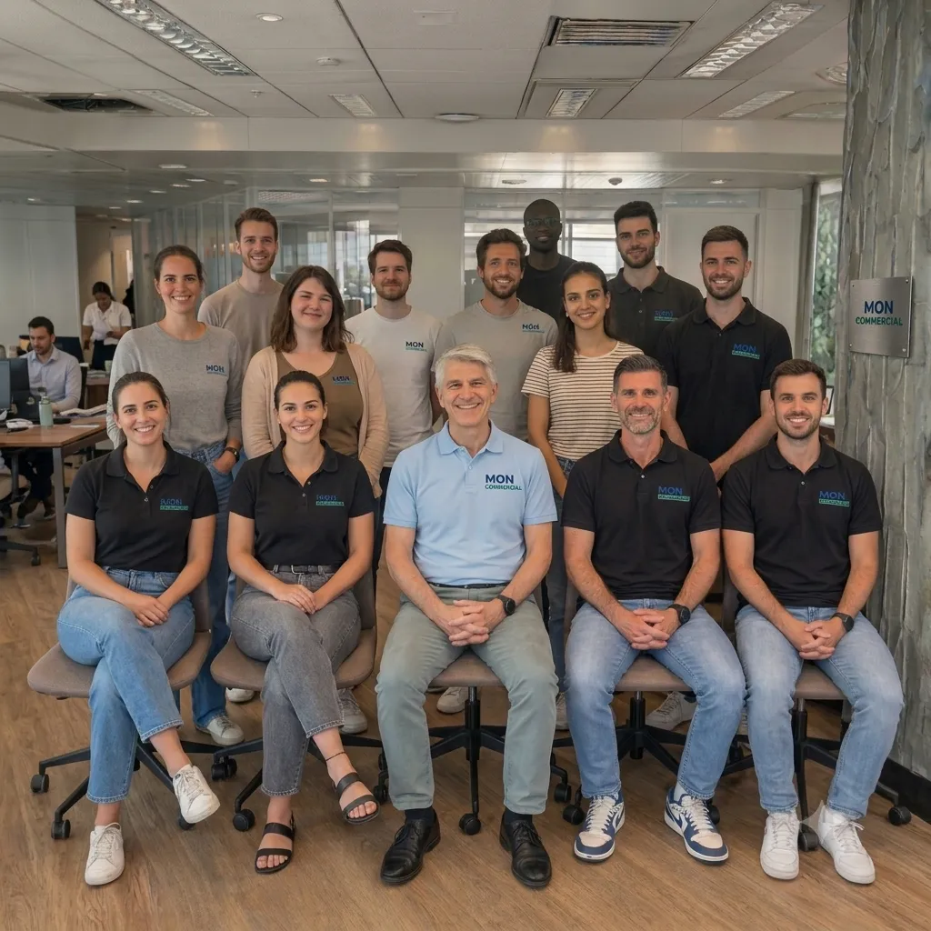 Group photo of professionals seated and standing in a tiered arrangement, smiling at the camera, inside a white card.