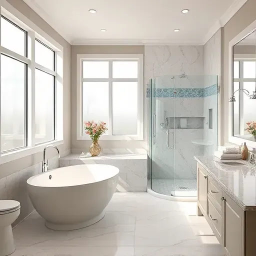 Renovated modern bathroom in Montgomery Village with a freestanding tub, glass shower, marble countertops, and elegant decor