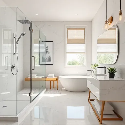 Remodeled modern bathroom in Gaithersburg MD with walk-in shower, marble tiles, floating vanity, greenery and natural light