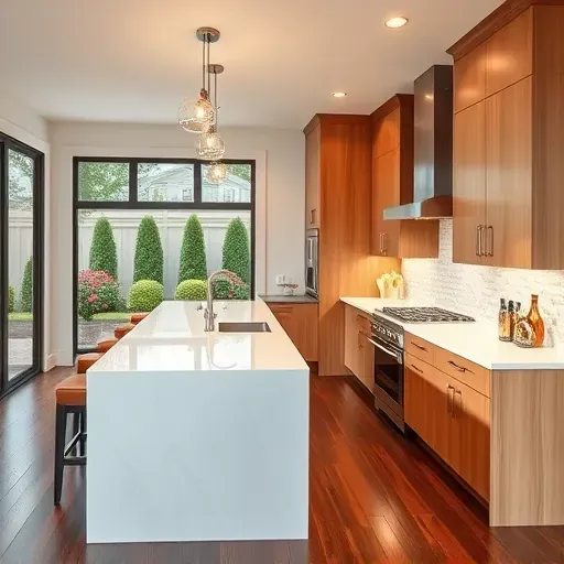 Modern kitchen remodel in Oxon Hill MD featuring oak cabinetry, white quartz counters, and elegant subway tile backsplash.