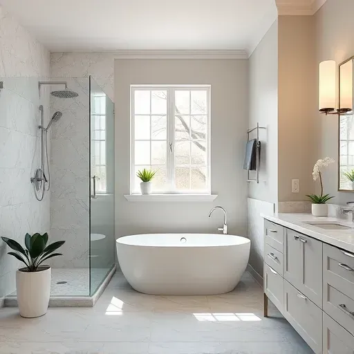 Recently remodeled bathroom in Montgomery Village MD with modern fixtures, marble countertops, and elegant cabinetry.