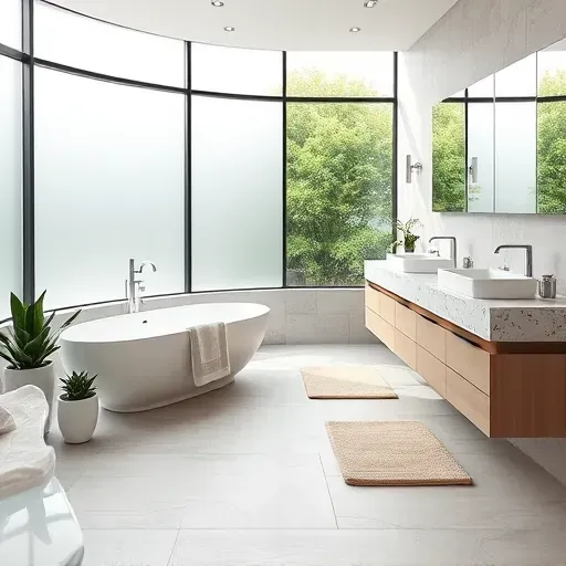 Beautiful renovated Sandy Spring MD bathroom with modern fixtures, soaking tub, granite vanity, natural light, greenery, and textured porcelain tiles