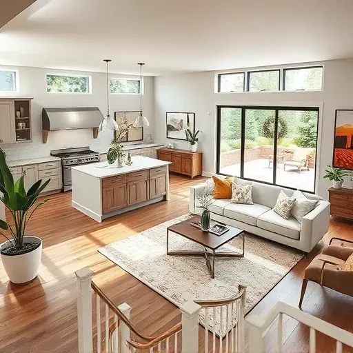 Home remodeling in Rockville MD featuring open-concept living room and modern kitchen with elegant decor and natural light.