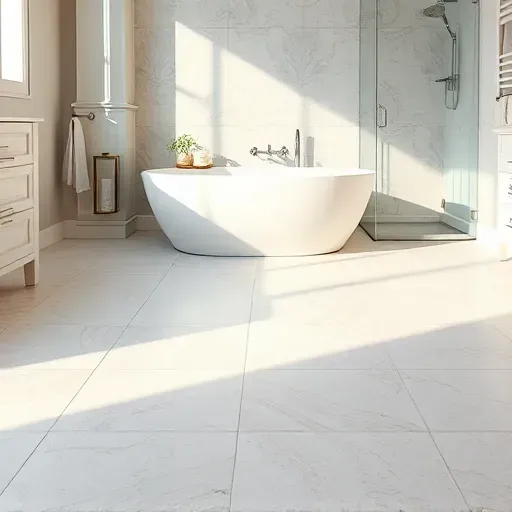 Finished modern ceramic bathroom flooring with intricate patterns, sleek fixtures, white bathtub, and minimalist decor in Rockville MD