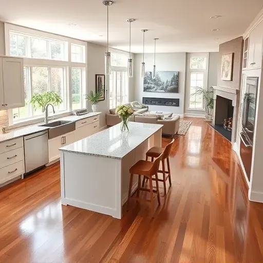 Contemporary kitchen remodel in Sandy Spring MD with granite island, high-end appliances, and inviting natural light.