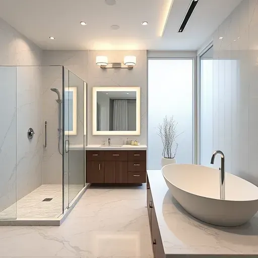 Remodeled Falls Church VA bathroom with walk-in shower, marble tiles, freestanding bathtub, double vanity, and modern decor