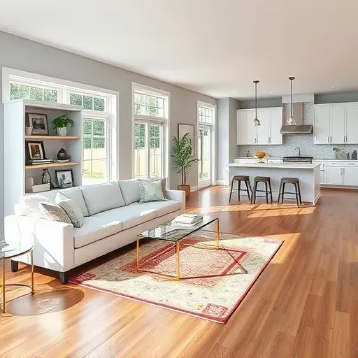 Spacious modern living room in Kensington MD with light gray walls, hardwood floors, and stylish furnishings.