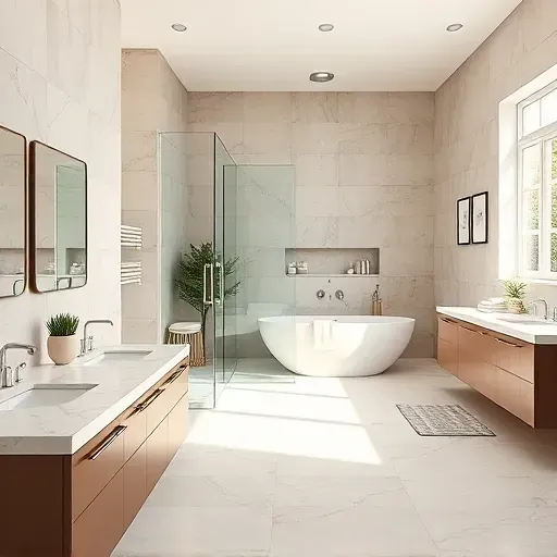 Renovated Hyattsville bathroom with modern chrome fixtures marble countertops walk-in shower freestanding tub neutral tiles natural light polished porcelain floor stylish decor