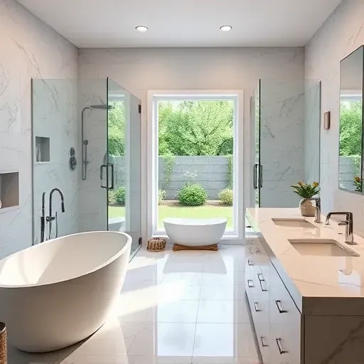 Remodeled Herndon VA bathroom with modern design, freestanding tub, walk-in shower, marble double vanity, and garden view