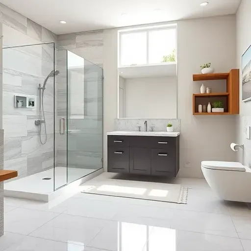 Completed modern bathroom in Burtonsville MD with sleek fixtures, walk-in glass shower, marble vanity, and natural lighting