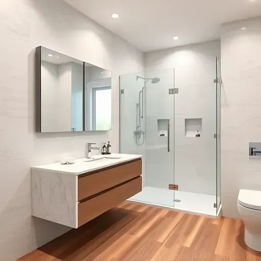 Renovated Greenbelt Maryland bathroom with walk-in shower, modern fixtures, marble vanity, natural light and elegant tiles