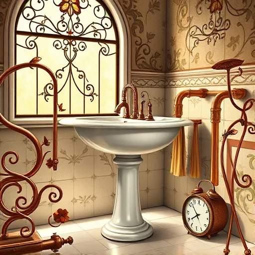A detailed ArtNouveau-inspired illustration depicting a vintage bathroom scene centered around sink installation. The scene features an elegant pedestal sink with flowing, curved lines and delicate organic motifs such as swirling vines, stylized floral patterns, and ornate leaf designs. Soft, warm light filters through stained-glass windows decorated with intricate floral and organic patterns, casting a gentle glow on the scene. Copper pipes with leaf motifs and curls surround the sink, illustrating the craftsmanship of plumbing installation. An artistic, half-open toolbox adorned with ArtNouveau patterns holds tools that resemble flowing sculptures, emphasizing artisanal craftsmanship. In the background, decorative tiles with botanical motifs in muted earth tones and gold accents complement the curved wall moldings that mimic organic shapes. Reflections on the porcelain sink highlight its graceful curves, adding a whimsical touch. Quirky details include tiny stylized insects among vines and a vintage clock with leaf-shaped hands, enhancing the scene's personality. The color palette consists of warm golds, soft moss greens, terracotta, and cream tones, evoking vintage elegance and tranquility. Overall, the composition blends functional bathroom elements with lush, decorative ArtNouveau artistry, emphasizing craftsmanship, beauty, and a timeless, sophisticated atmosphere.