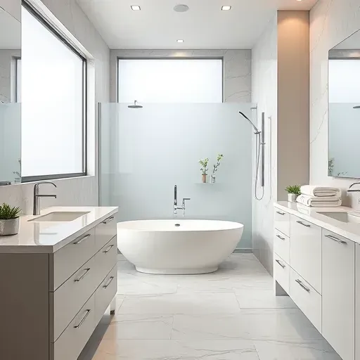 Renovated bathroom in Vienna VA features marble countertops, modern fixtures, walk-in shower, and freestanding tub.