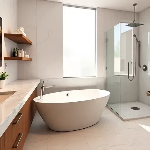 Beautiful renovated bathroom in Rockville Maryland with polished marble countertops, freestanding tub, frosted window, porcelain tiles, and walk-in shower