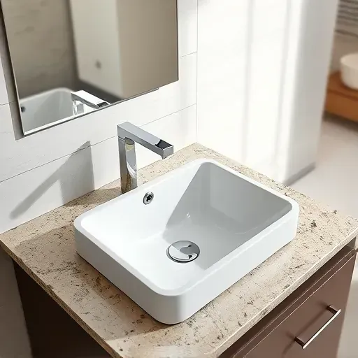 Modern bathroom with polished porcelain sink, granite countertop, neutral tiled wall, bright natural lighting, and sleek design
