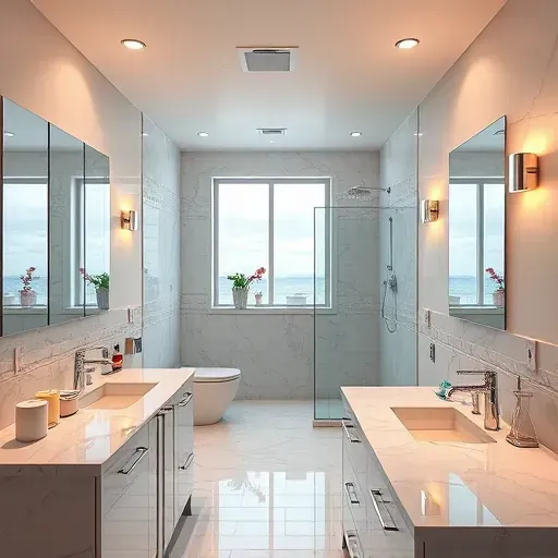 Freshly completed modern bathroom in Rockville Maryland with polished marble, sleek fixtures, frosted glass doors, and warm LED lighting