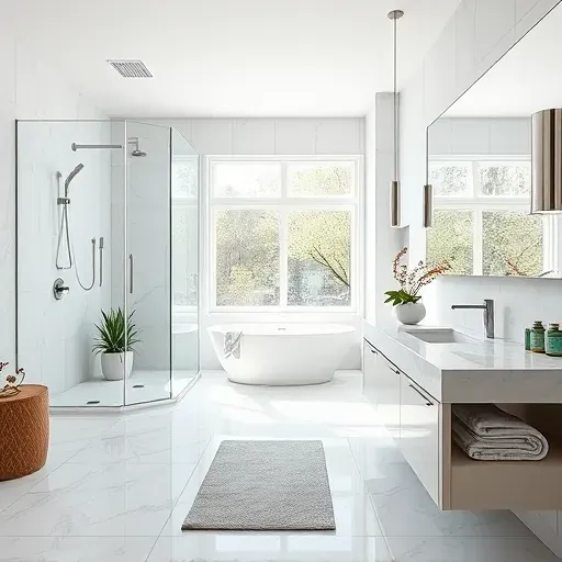 Bright modern bathroom in Reston VA with a glass shower, soaking tub, floating vanity, marble countertops, and natural light