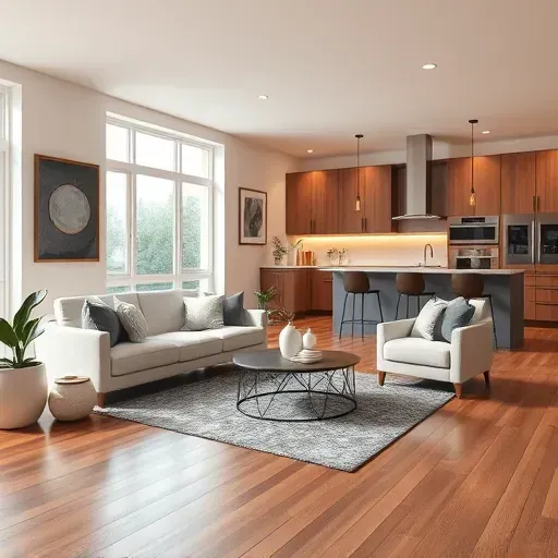 Modern living room in Tysons VA with sleek furniture, warm wood flooring, and neutral tones, showcasing elegant design.