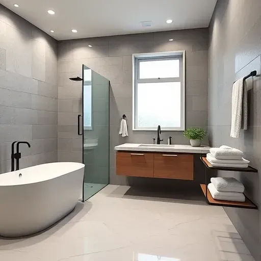 Remodeled Hyattsville MD bathroom with marble tiles, freestanding tub, double sink, glass shower, and ambient lighting