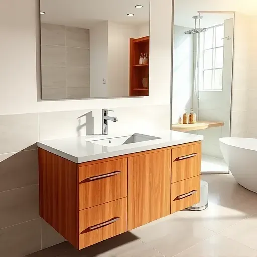 Newly installed modern bathroom vanity in Rockville MD with marble top, undermount sink, chrome fixtures, and sleek wood cabinetry