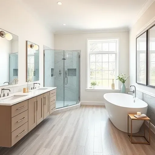 Renovated Rockville MD bathroom featuring modern design, large marble vanity, walk-in shower, and freestanding tub.