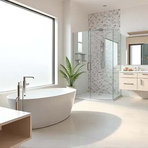 Renovated Laurel MD bathroom with modern chrome fixtures, glass shower, freestanding tub, marble countertops, and elegant decor