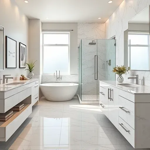 Modern remodeled bathroom in Olney MD with marble countertops soaking tub frameless shower polished chrome fixtures natural light porcelain tiles neutral walls minimalist artwork