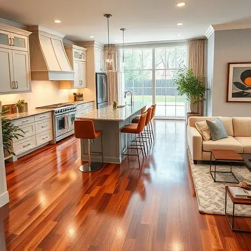 Elegant Gaithersburg home remodeling featuring a modern kitchen, polished floors, stylish decor, and a welcoming living area.