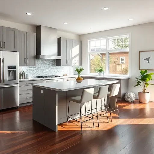 Modern kitchen remodel in Laurel MD featuring sleek appliances, quartz countertops, and elegant cabinetry in a sunny layout.