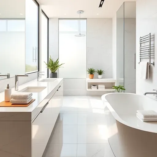 Luxury renovated bathroom in McLean VA with marble countertops chrome fixtures glass shower tub modern vanity and natural lighting