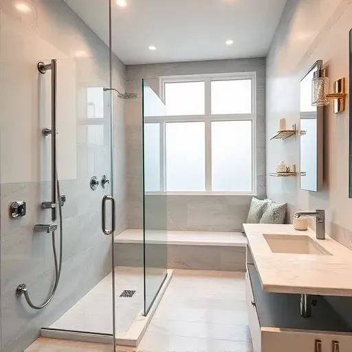Recently remodeled upscale bathroom in Wheaton MD with modern fixtures, glass shower, marble vanity, and elegant lighting