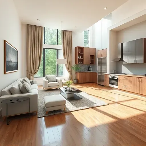 Modern living room in Greenbelt MD features sleek furniture, large windows, and high-end kitchen appliances.